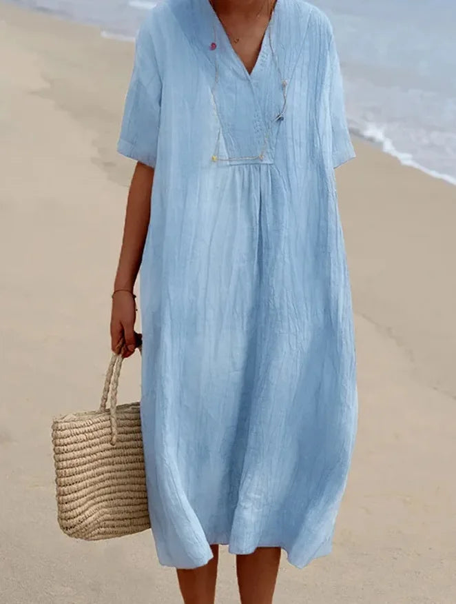 Sandra | Abito casual con texture effetto lino e scollo a V