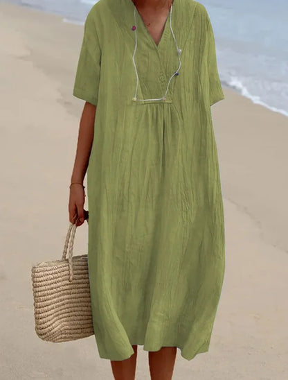 Sandra | Abito casual con texture effetto lino e scollo a V