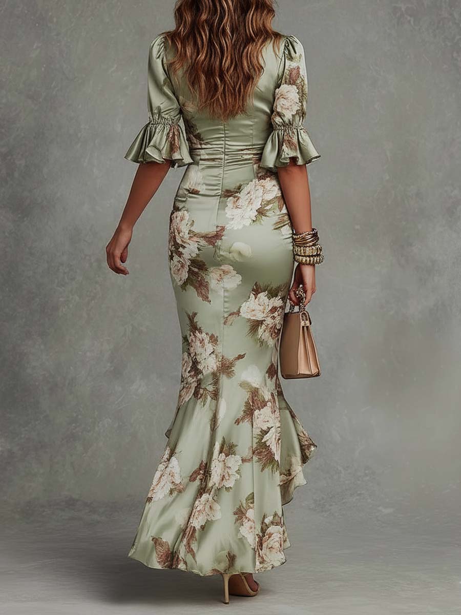 Ana - Vestito lungo asimmetrico in raso verde con scollo a V