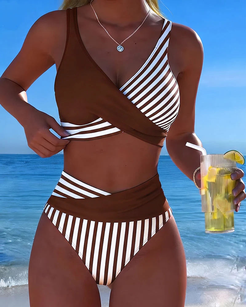 Bikini Incrociato a Righe Stampato