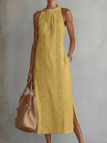 Sofia | Vestito Midi in Cotone e Lino con Collo alla Cinese