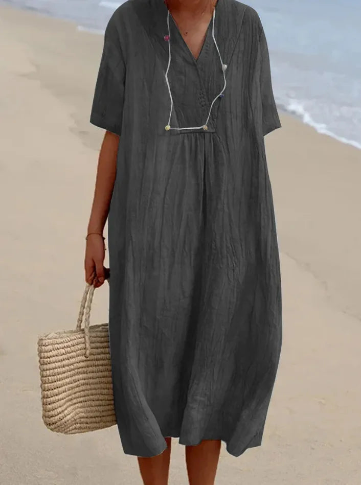 Sandra | Abito casual con texture effetto lino e scollo a V